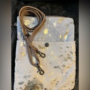 Myra Bag Small Hair-On Cowhide Crossbody w/White and Gold metallic & leather